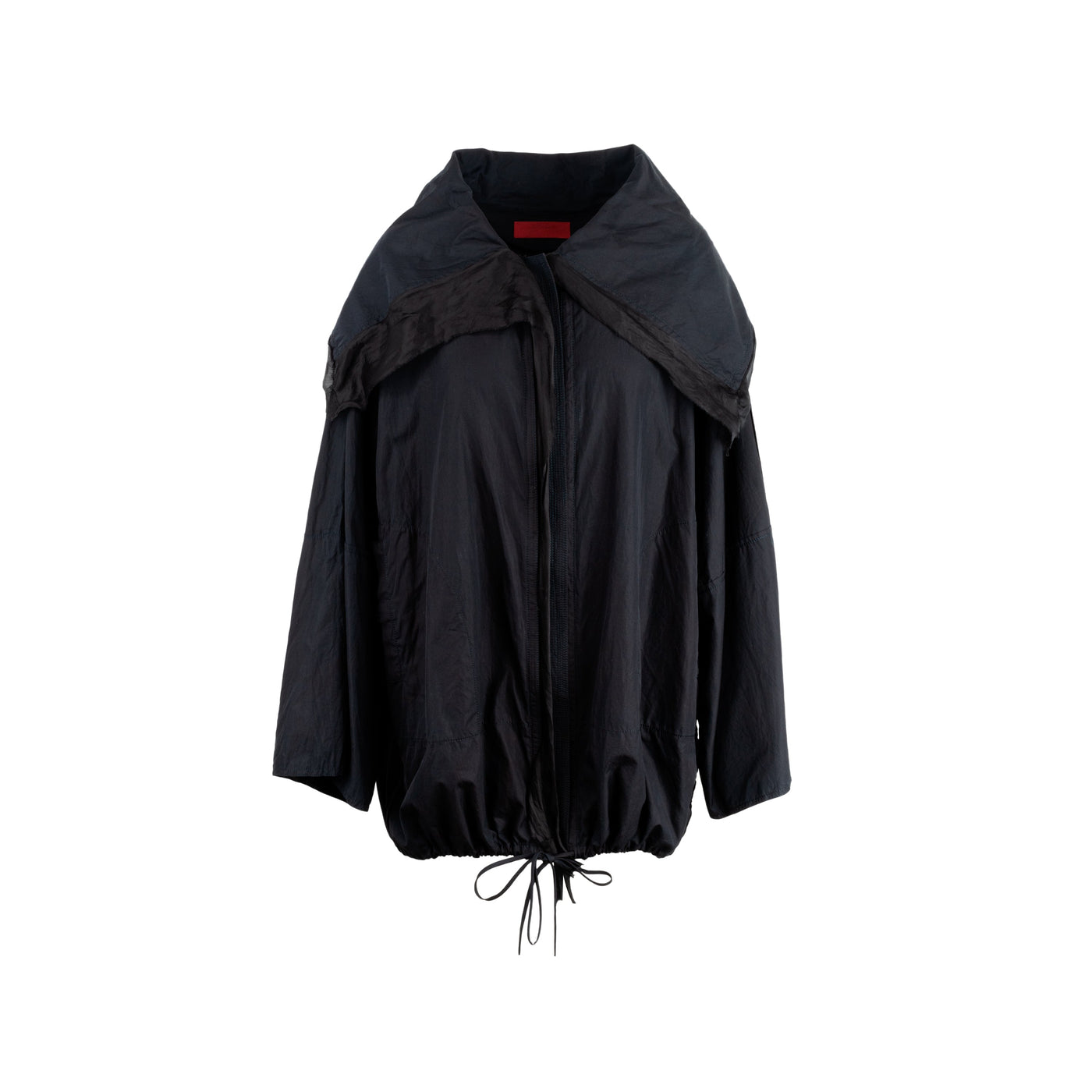 Diliborio black silk organza jacket. Oversized fit with long sleeves, maxi collar and drawstring at the bottom pre-owned