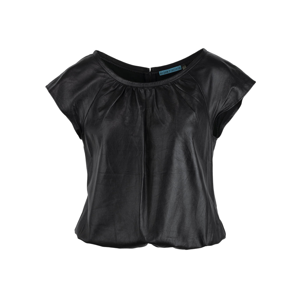 Alice+Olivia leather top. Featuring a boat neckline, short sleeves and a gathered hem pre-owned