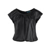 Alice+Olivia leather top. Featuring a boat neckline, short sleeves and a gathered hem pre-owned