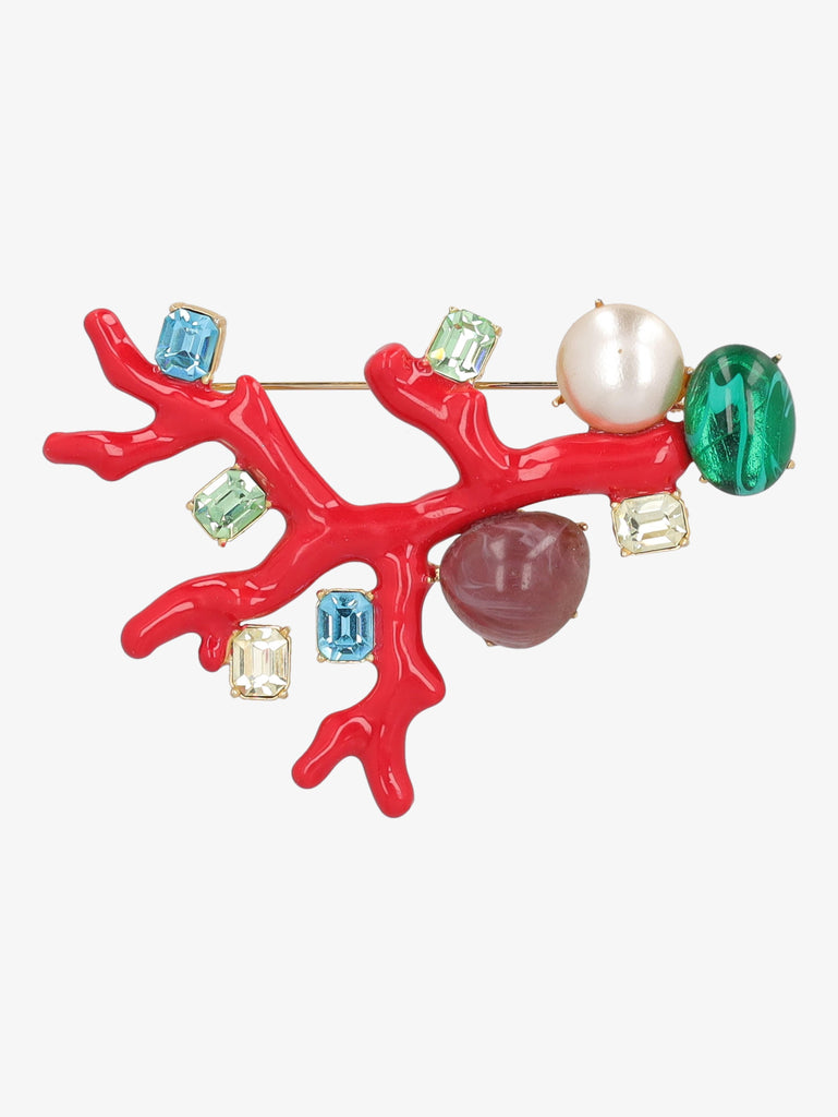 Kenneth Jay Lane Red Coral Branch Brooch With Rhinestones And Synthetic Pearls CVR24.1.72  Kenneth Jay Lane