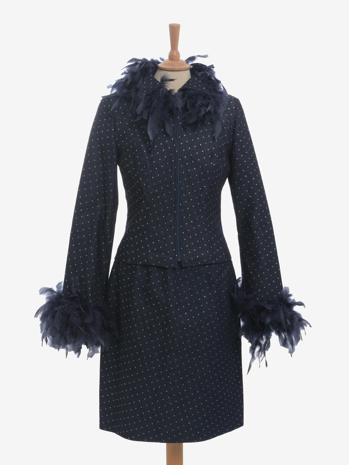 Vintage Denim Suit With Feathers
