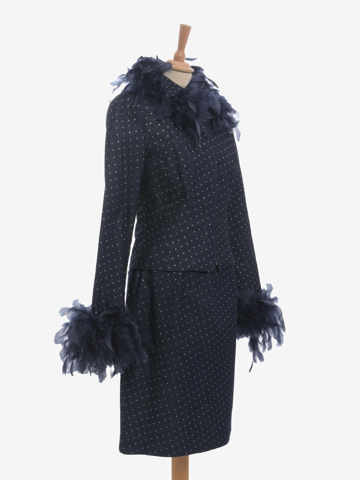 Vintage Denim Suit With Feathers