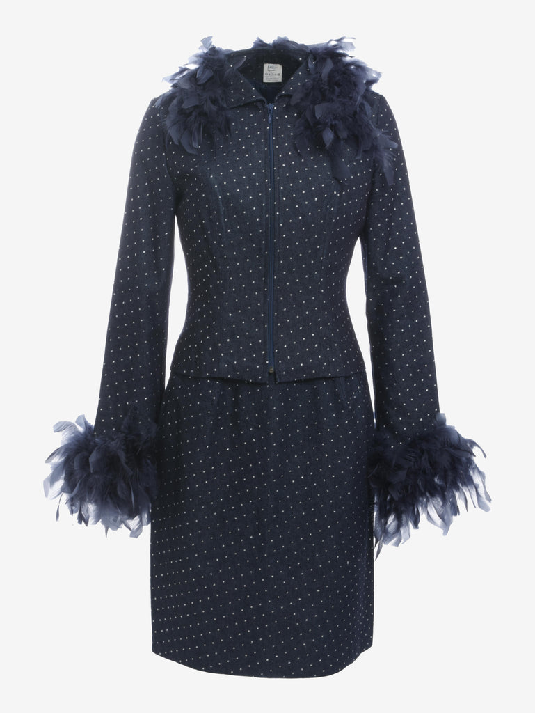 Vintage Denim Suit With Feathers