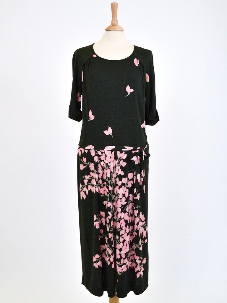 De Parisini 橄榄色连衣裙,带粉色花朵,70 年代