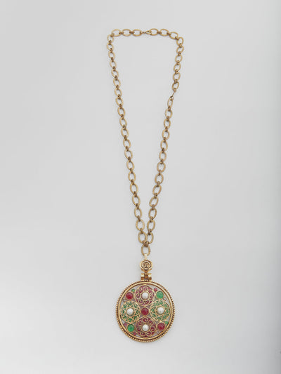 1960s Chanel glass paste medallion with pearls and long golden chain