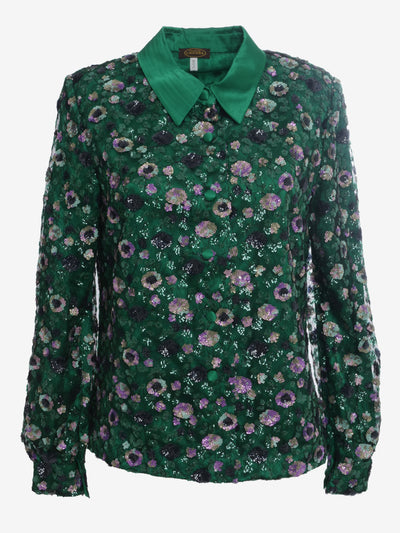 Vintage Silk Shirt With Sequin Floral Embroidery