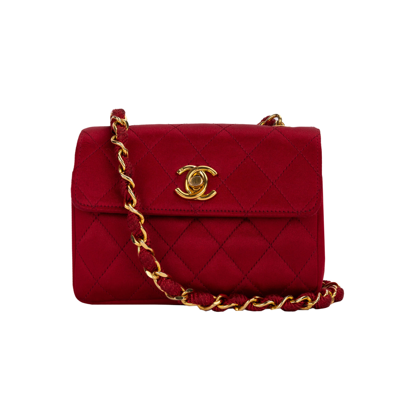 Chanel red satin quilted shoulder flap bag pre-owned nft