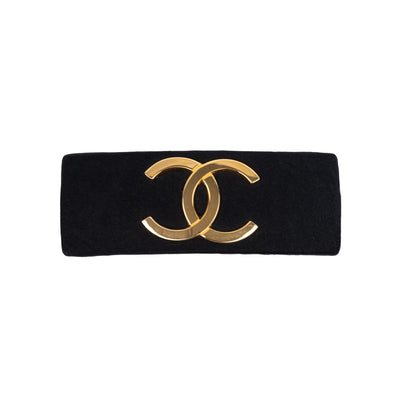 Chanel black satin and leather hair clip, with gold CC logo pre-owned