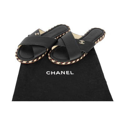 Second hand Black Chanel Lambskin Braided Mule Sandals