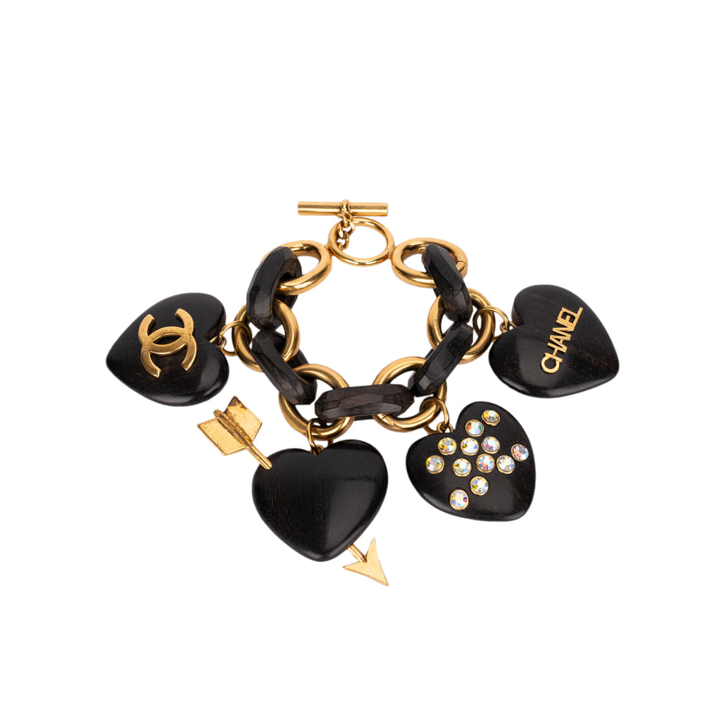 Chanel exquisite black gold wooden heart pendants bracelet embellished rhinestones logo Chain style T-bar fastening pre-owned nft