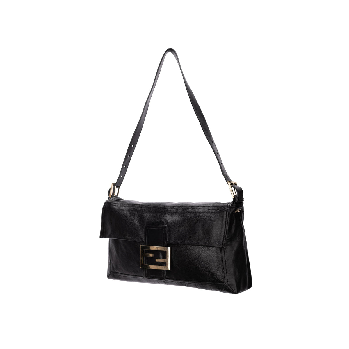 Fendi black leather bag. "Maxi baguette" with internal pocket  press stud closure silver logo pre-owned nft