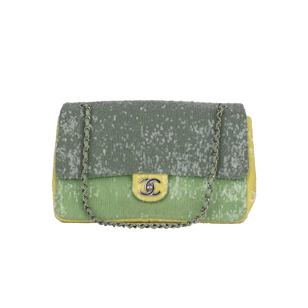 Chanel waterfall fully sequin green and yellow flap bag with chain and leather shoulder strap, silver-tone hardware and CC turnlock pre-owned NFT