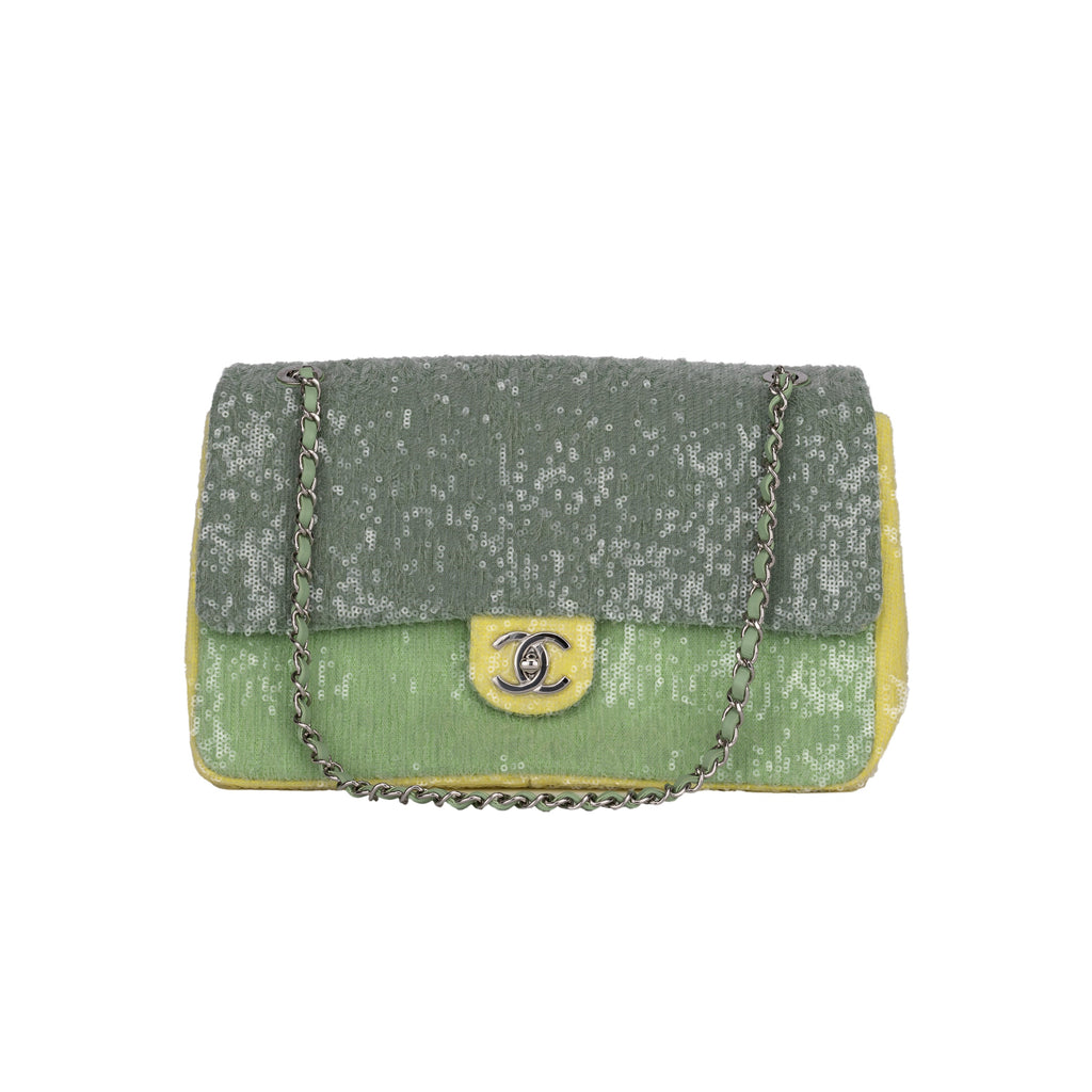 Chanel waterfall fully sequin green and yellow flap bag with chain and leather shoulder strap, silver-tone hardware and CC turnlock pre-owned NFT