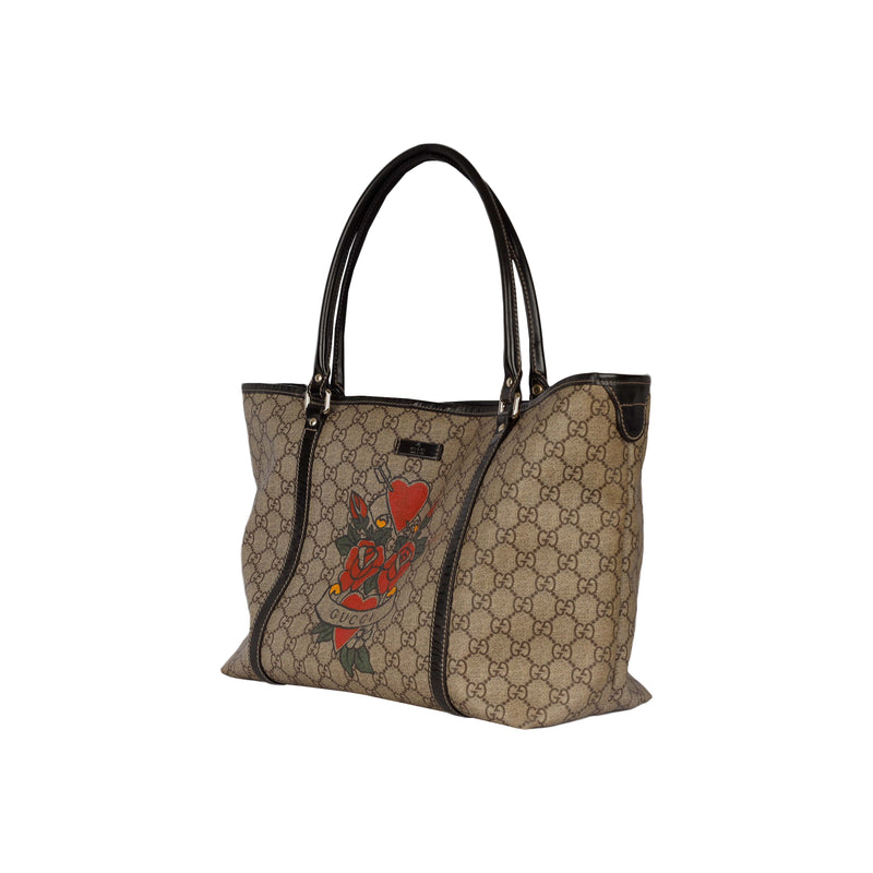 Secondhand Gucci Monogram Canvas Tattoo Heart Tote Bag