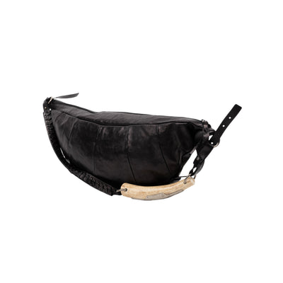 Yves Saint Laurent Mombasa black leather shoulder bag with horn handle featuring silver-tone hardware, magnetic button fastening pre-owned