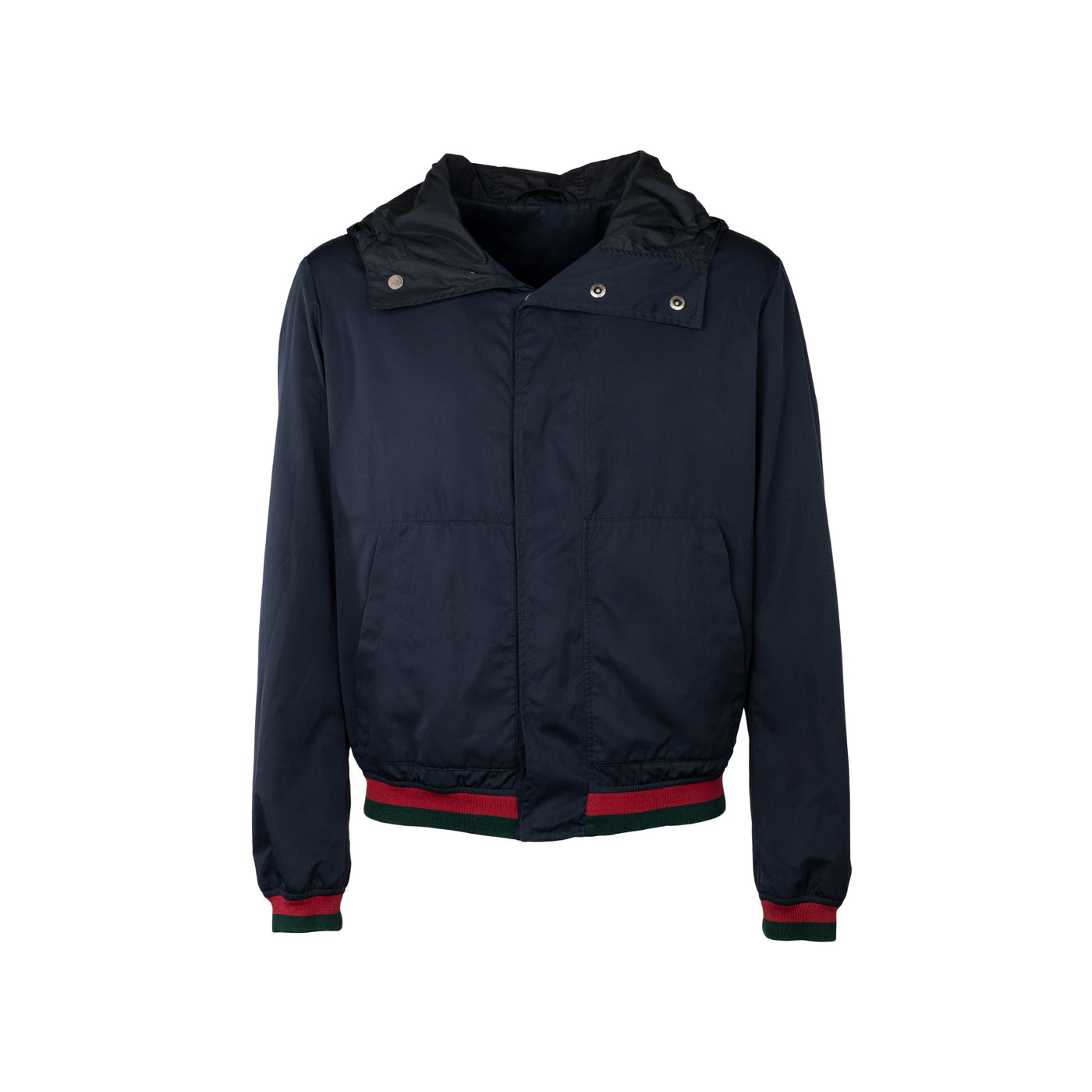 Gucci blue hooded jacket. Long sleeves, zip fastening, front pockets, ribbed hem with green and red details pre-owned