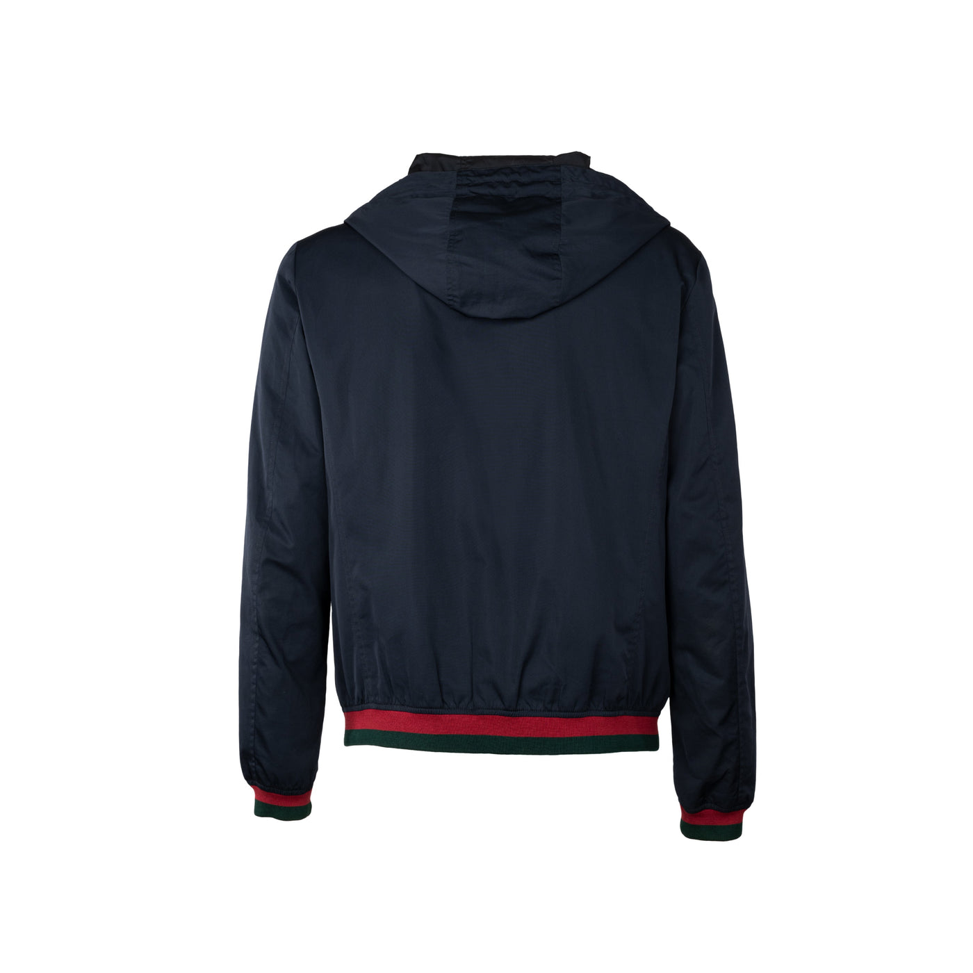 Gucci blue hooded jacket. Long sleeves, zip fastening, front pockets, ribbed hem with green and red details pre-owned