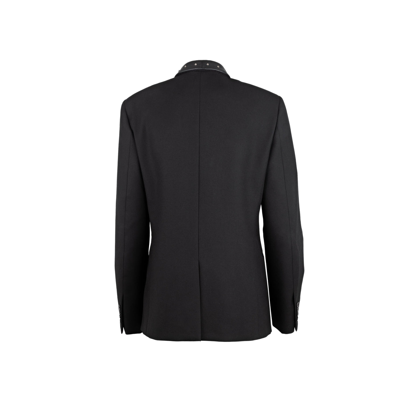 Yves Saint Laurent black wool blazer jacket. Featuring leather lapels, decorated with studs, long sleeves, a single button fastening, front pockets and a back vent pre-owned