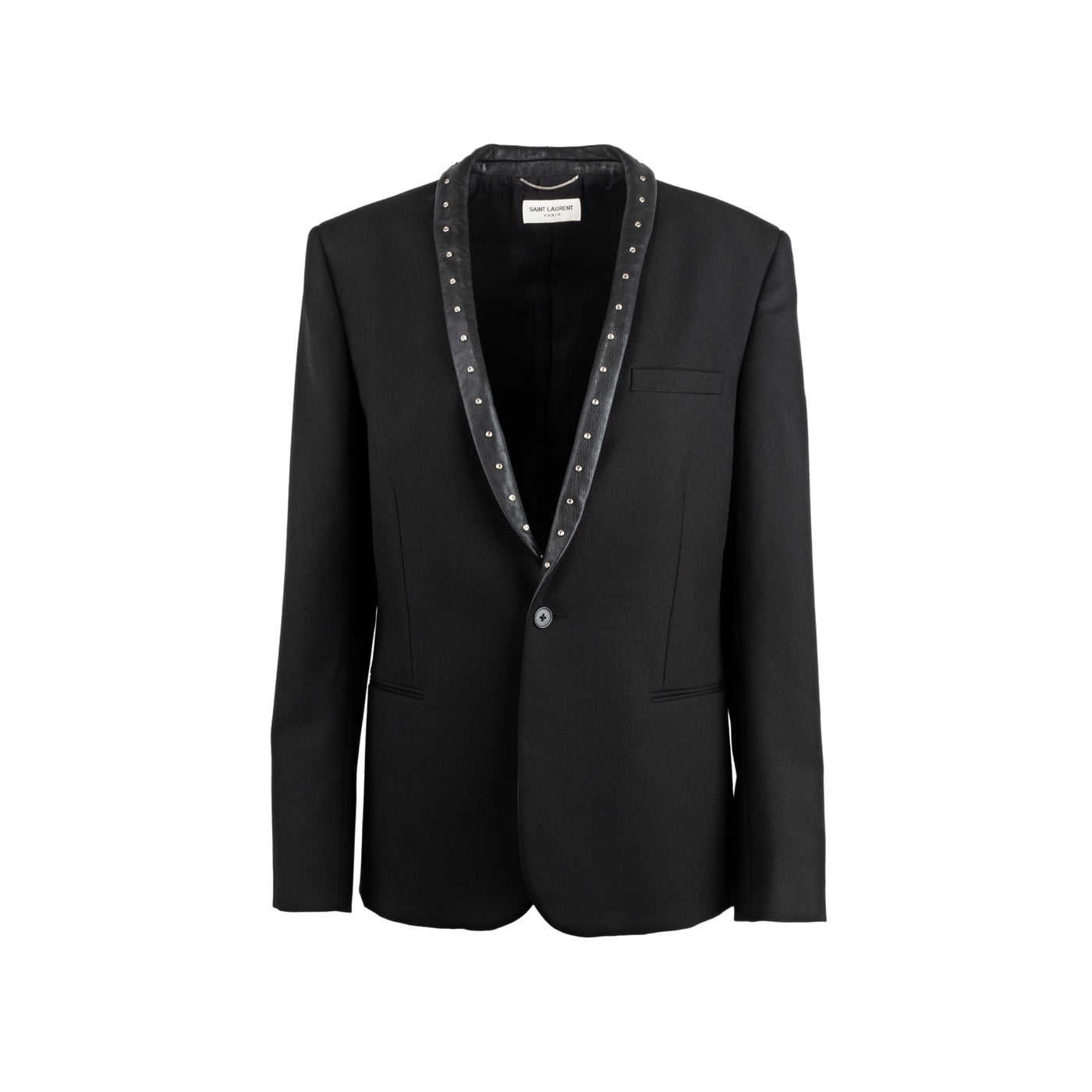 Yves Saint Laurent black wool blazer jacket. Featuring leather lapels, decorated with studs, long sleeves, a single button fastening, front pockets and a back vent pre-owned