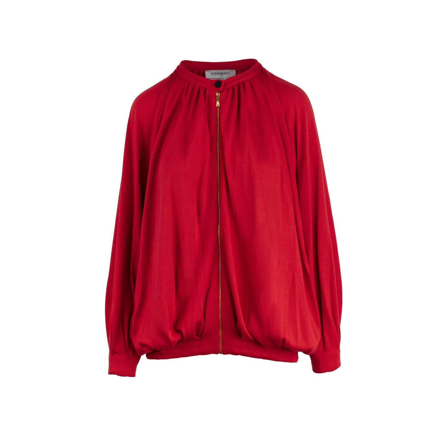 Yves Saint Laurent red silk and cotton bomber jacket, oversized fit with wide sleeves, crew neck decorated with a black button and central zip pre-owned