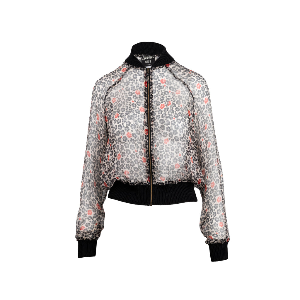 Jean Paul Gaultier Maille Femme line silk bomber jacket. Semi-sheer design with multicolour floral print and zip fastening pre-owned