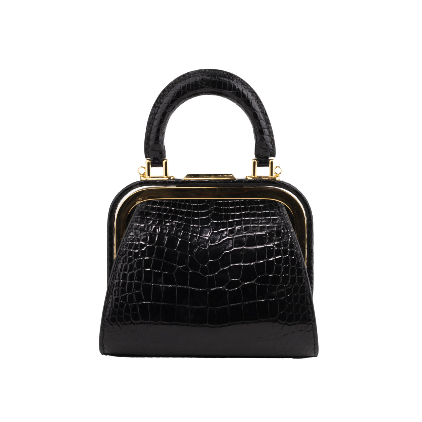 Dior black alligator leather mini bag. "Doctor Bag" style with snap closure and golden details. Interior lined in black calfskin with pocket pre-owned nft