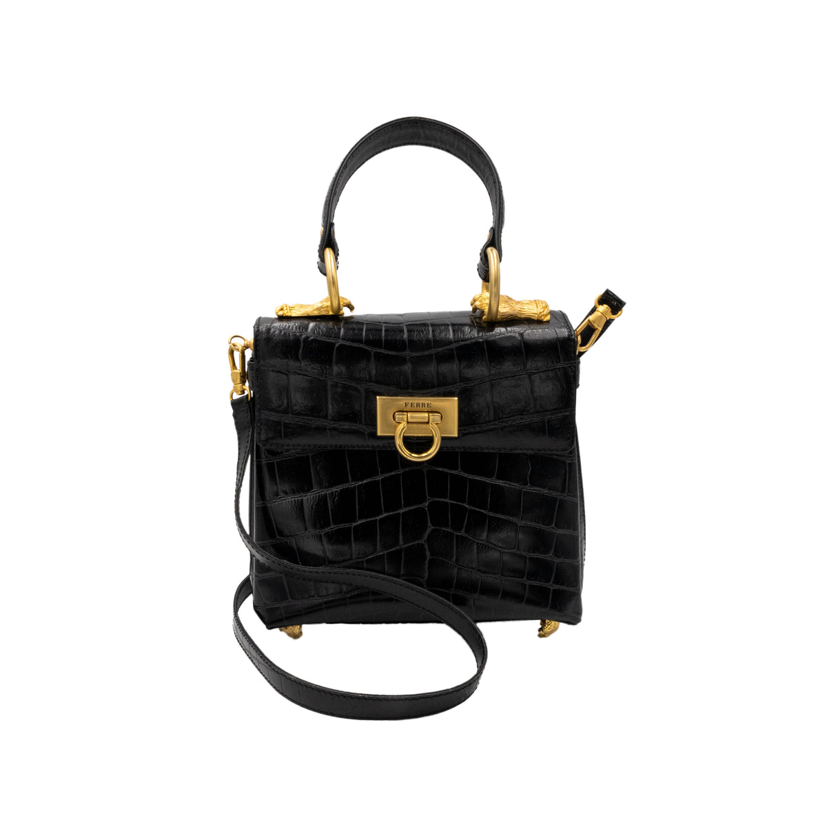 Gianfranco Ferré black crocodile leather bag. Mini handheld style, shoulder strap with gold-tone inserts, flap closure pre-owned nft