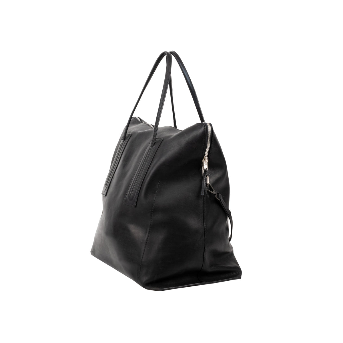 Rick Owens black leather duffle bag with shoulder strap. Interior pocket and zip closure pre-owned