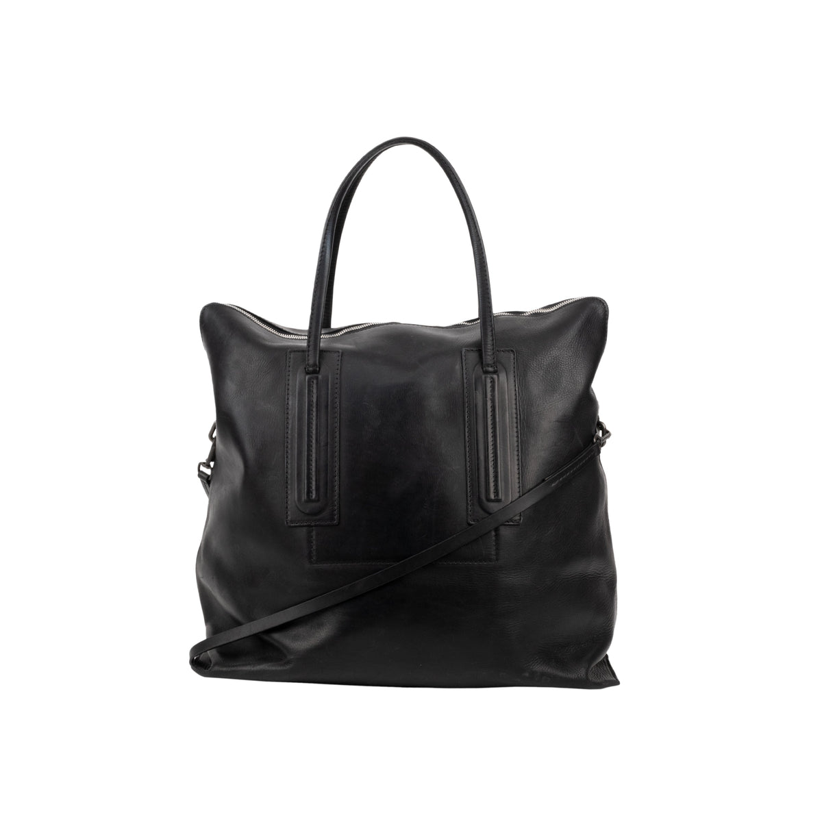 Rick Owens black leather duffle bag with shoulder strap. Interior pocket and zip closure pre-owned