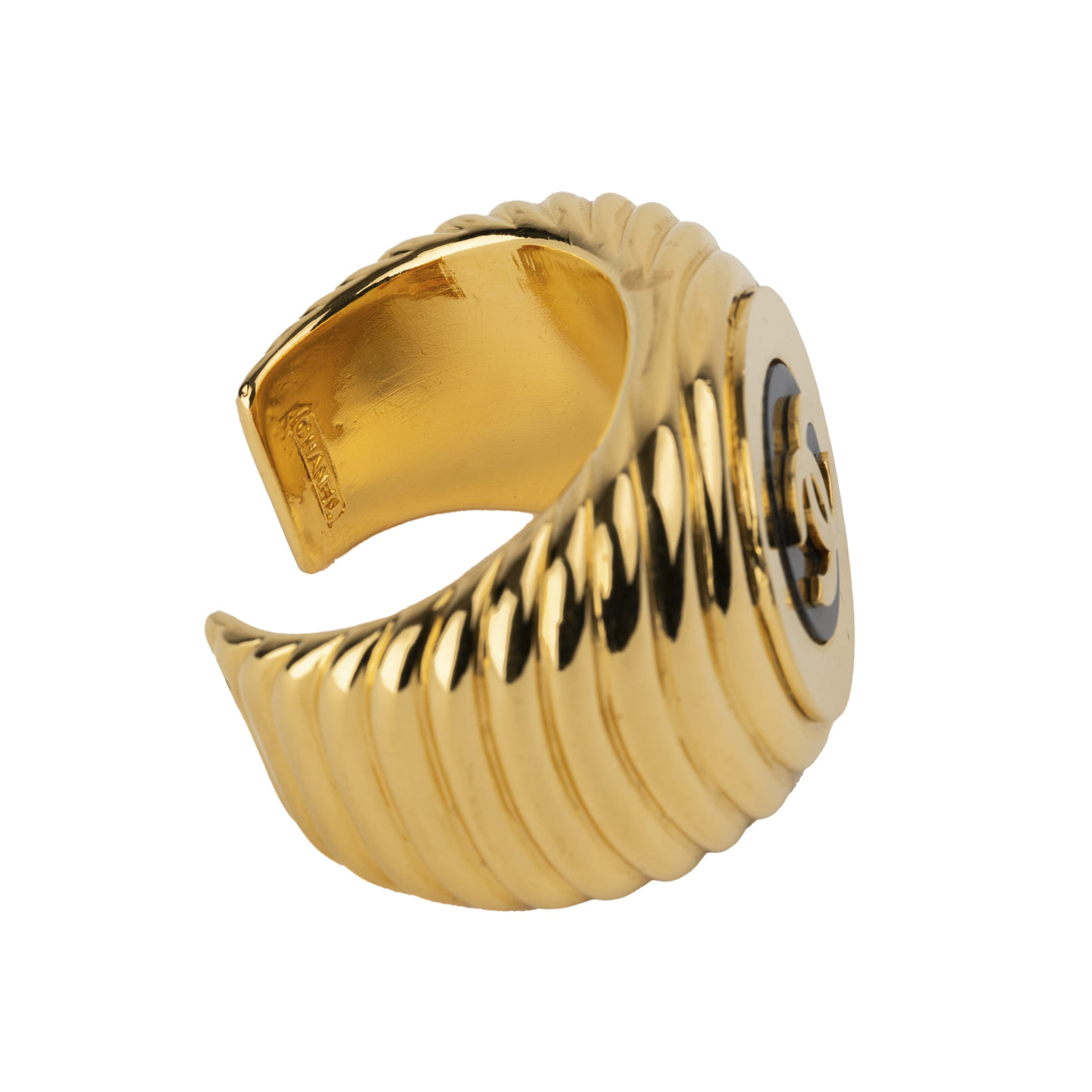 Chanel golden metal bracelet 1988 Rigid style open relief design CC logo  pre-owned nft