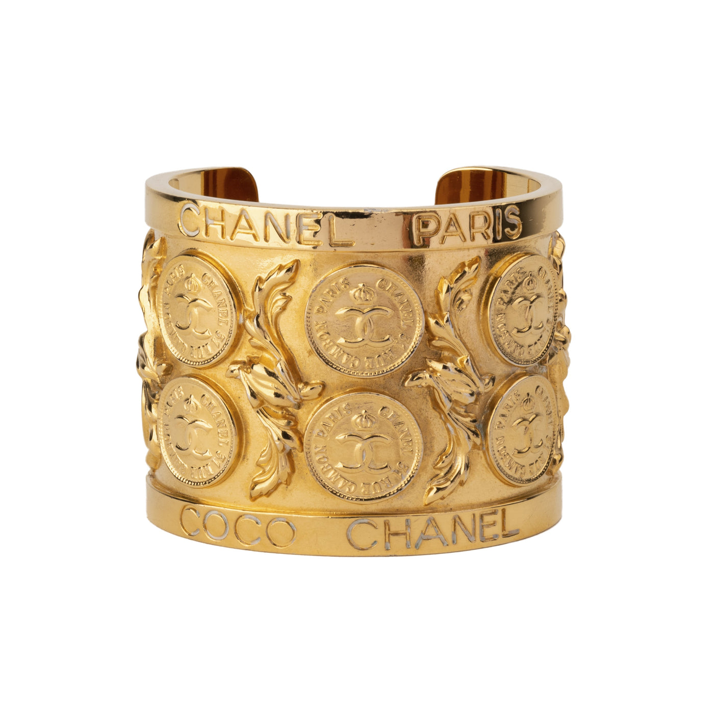 Chanel Roman rigid bracelet gold-plated metal embossed coins CC symbol pre-owned nft