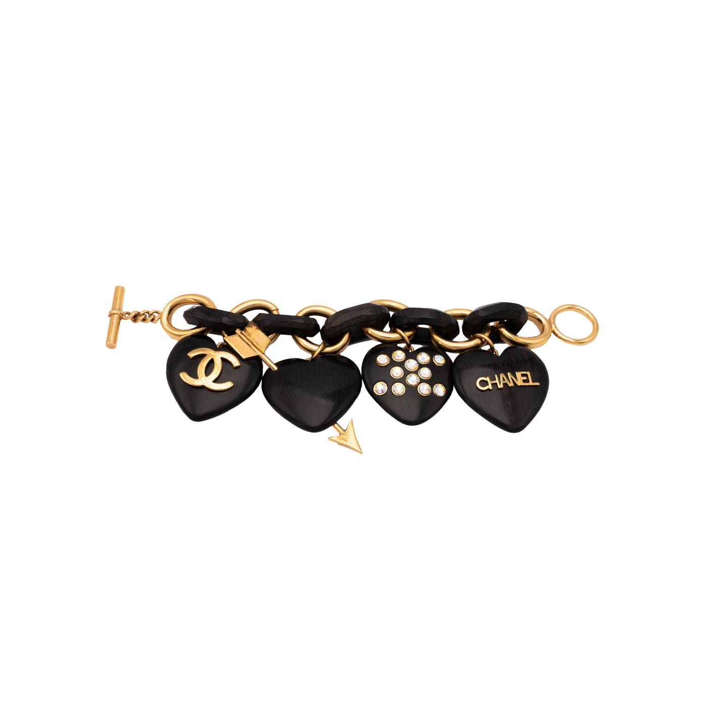 Chanel exquisite black gold wooden heart pendants bracelet embellished rhinestones logo Chain style T-bar fastening pre-owned nft