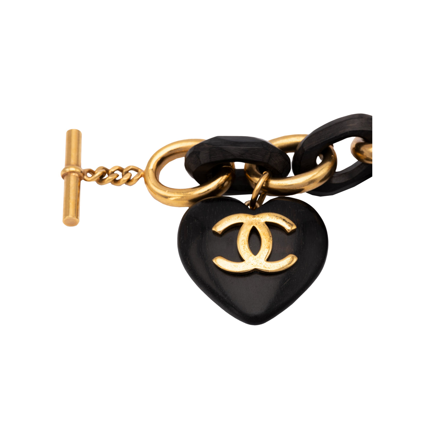 Chanel exquisite black gold wooden heart pendants bracelet embellished rhinestones logo Chain style T-bar fastening pre-owned nft