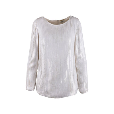 Saint Laurent white silk blouse, long sleeves, crew neck, back zip, decorated with white sequins for full coverage pre-owned