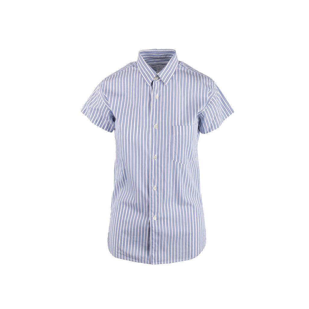 Comme des Garçons blue striped shirt. Featuring short sleeves, classic collar, centre button placket and front breast pocket pre-owned