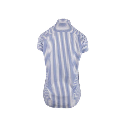 Comme des Garçons blue striped shirt. Featuring short sleeves, classic collar, centre button placket and front breast pocket pre-owned