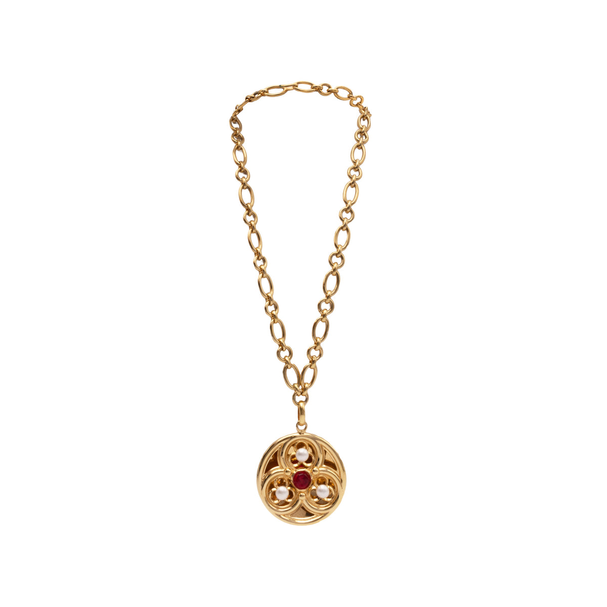 Chanel gold plated necklace, chain-link, gothic style medallion with synthetic gemstones and pearls pre-owned nft