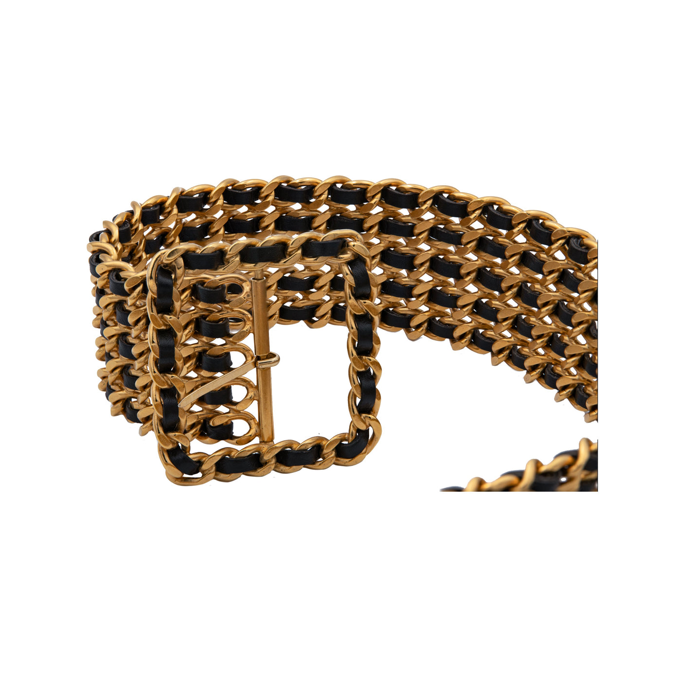 Chanel belt woven with black leather and gold chains. Maxi style with frontal buckle pre-owned nft