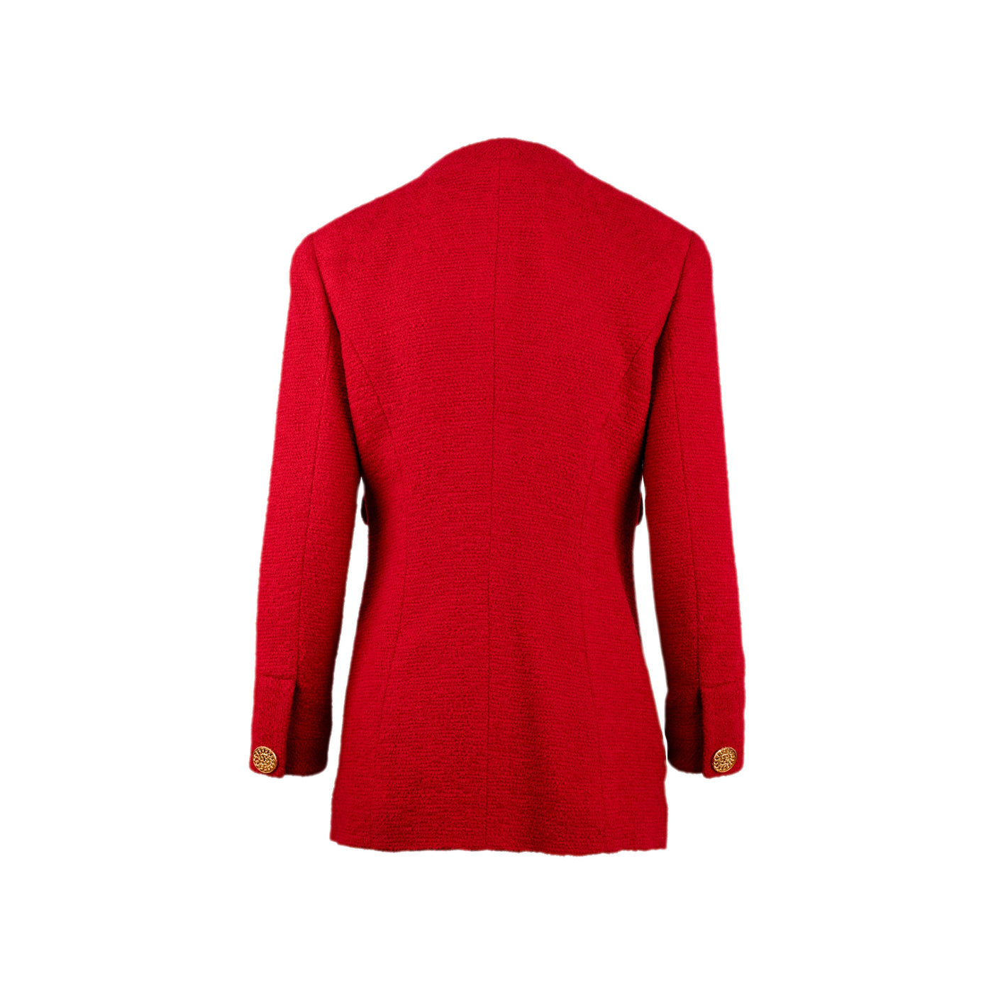 Chanel red wool bouclé tweed jacket. Blazer style with lapel-less collar, marked shoulders, long sleeves and four front pockets. Decorated with a zip fastening and gold CC logo buttons pre-owned nft