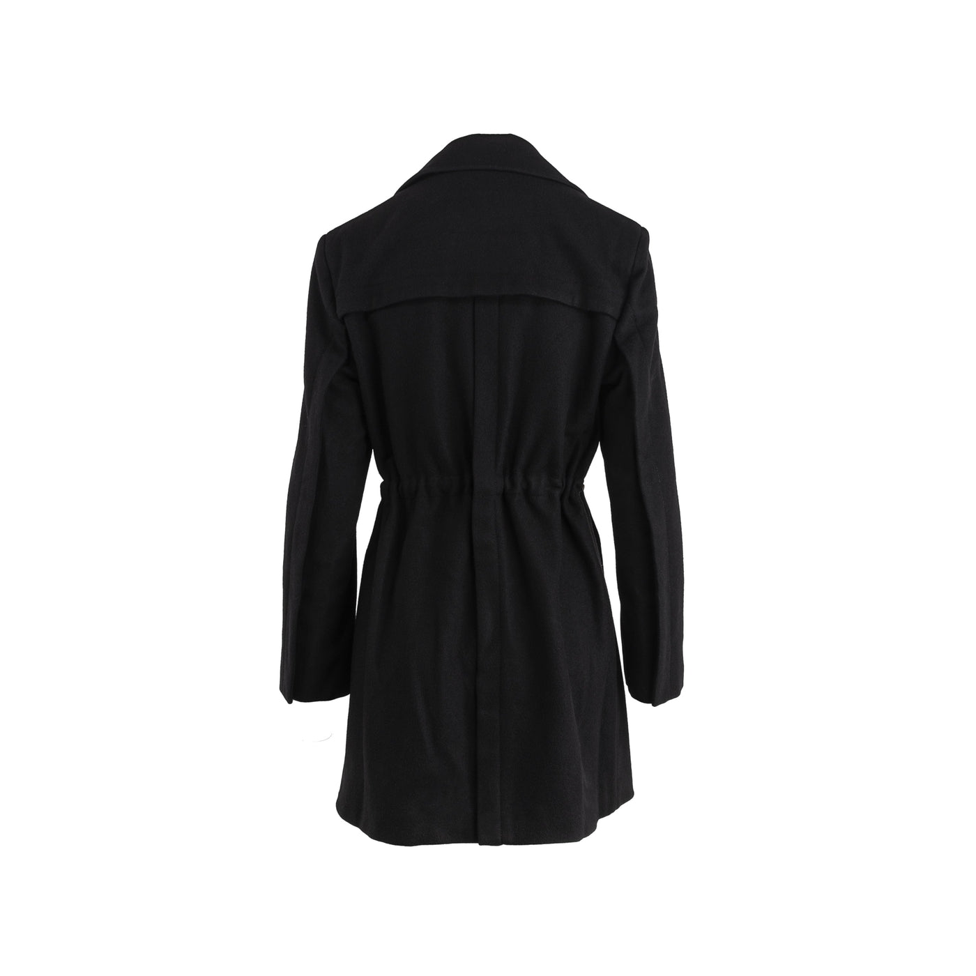 Ann Demeullemeester black wool coat. Long fit with maxi lapels, two front pockets and drawstring closure pre-owned