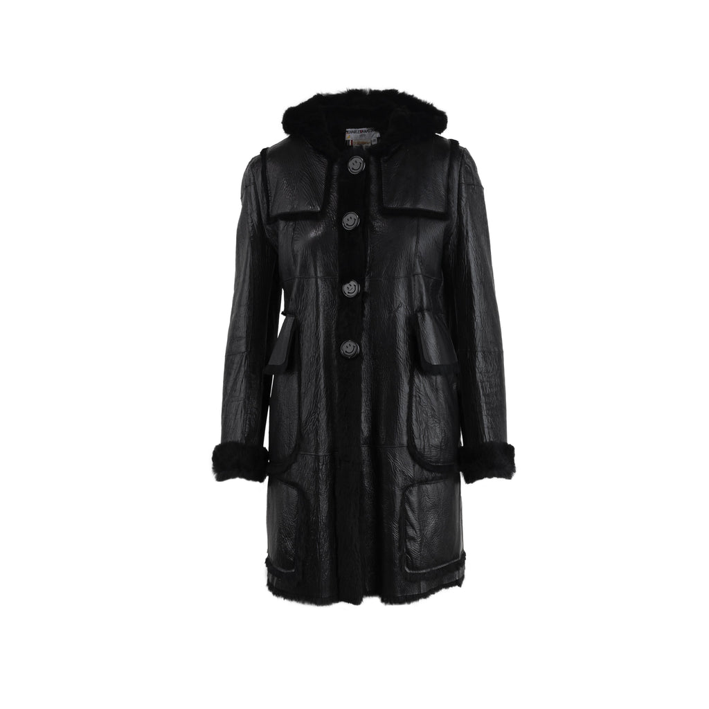 Charles Anastase 10 Corso Como black leather coat with long sleeves, maxi patch pockets on the front, front buttoning, decorated with black fur inserts pre-owned