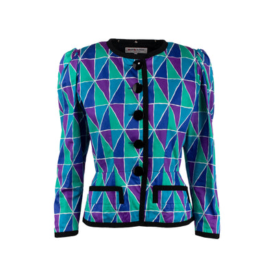 Yves Saint Laurent, purple green and blue geometric patterned silk jacket. Featuring a crew neck design, long sleeves, two front pockets, a front button placket and a grosgrain finished hem pre-owned