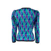 Yves Saint Laurent, purple green and blue geometric patterned silk jacket. Featuring a crew neck design, long sleeves, two front pockets, a front button placket and a grosgrain finished hem pre-owned