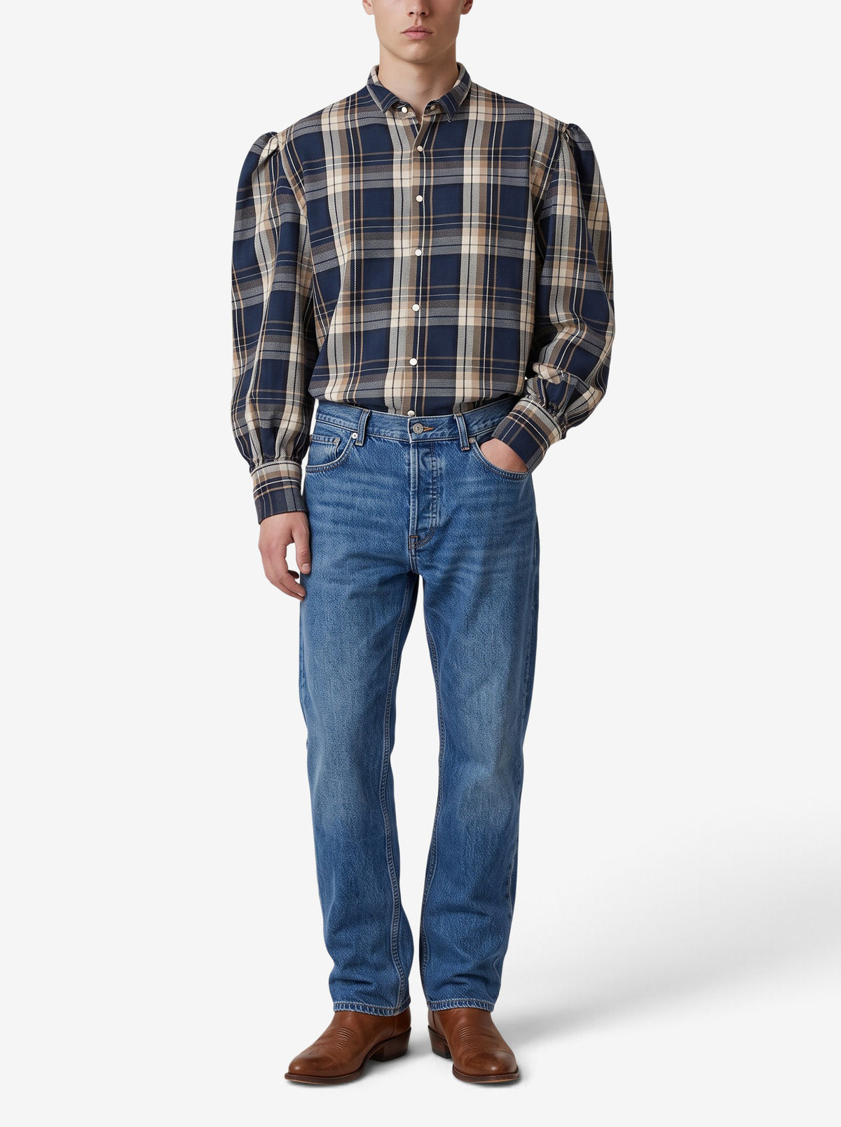 KAPITAL Blue Tartan Puff-Sleeve Cotton Shirt MU260922.36  Kapital 