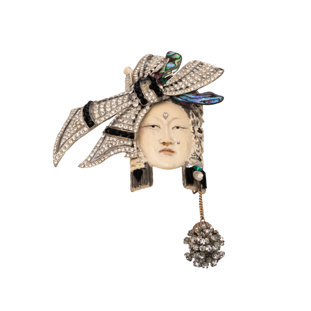 Collection Privée resin brooch, elegant face portrait embellished with rhinestones pre-owned
