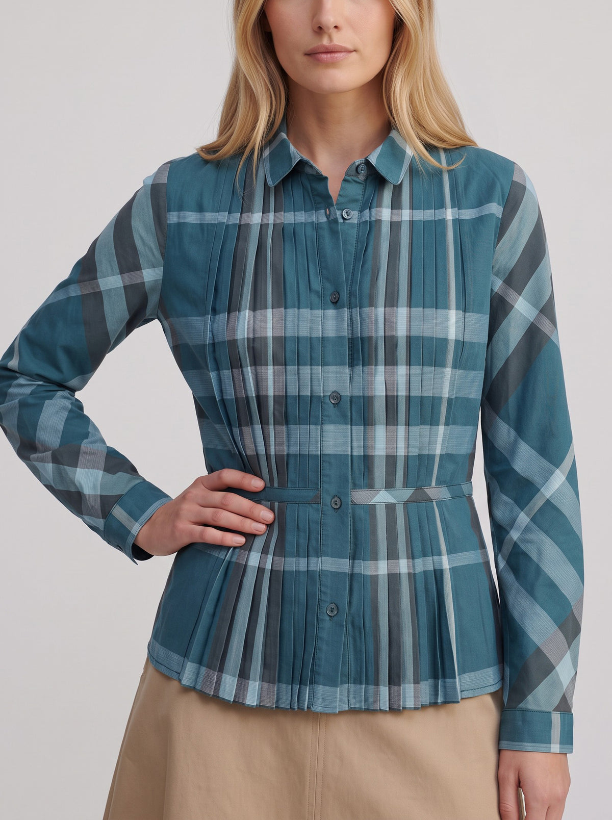 Burberry Blue Check Cotton-Blend Blouse W7926.8  Burberry 