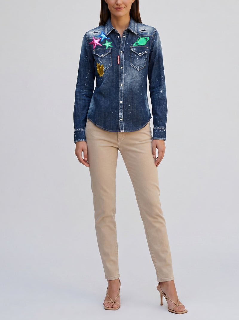 Dsquared2 Dark Ripped Metal Patch Western Denim Shirt CVM26.23.43  Dsquared² 