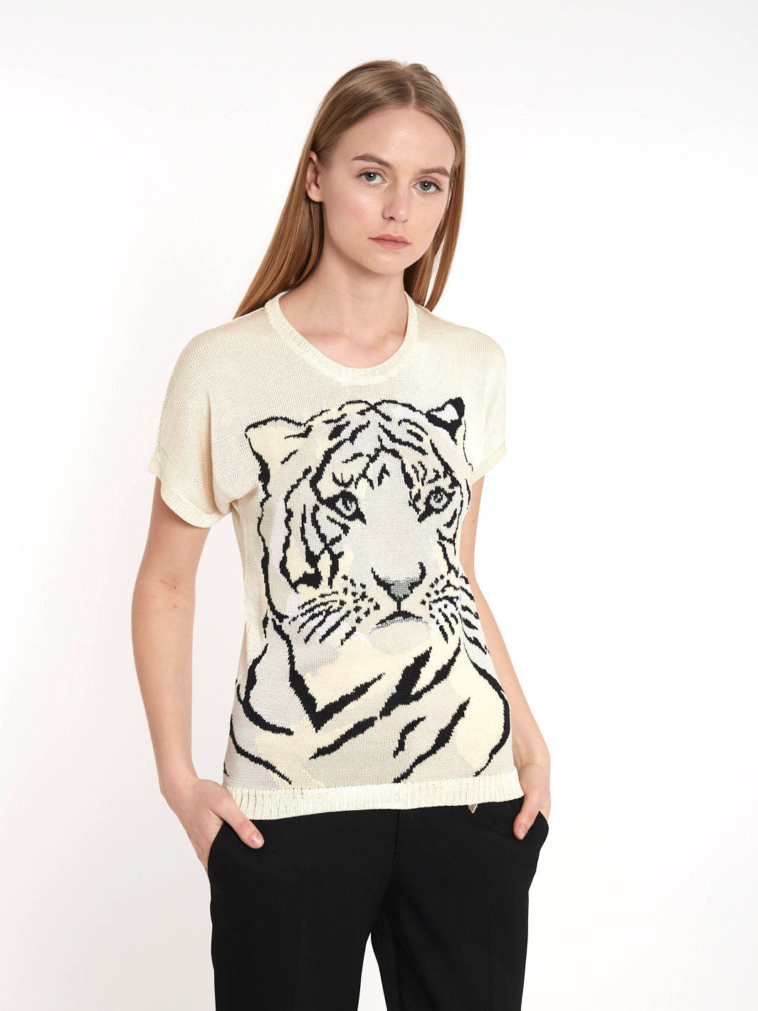 1980s Krizia short-sleeved T-shirt in beige cotton with tiger image