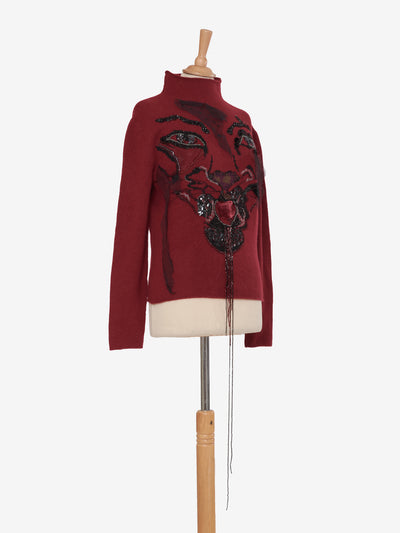 Krizia Bordeaux cashmere sweater with panther embroidery