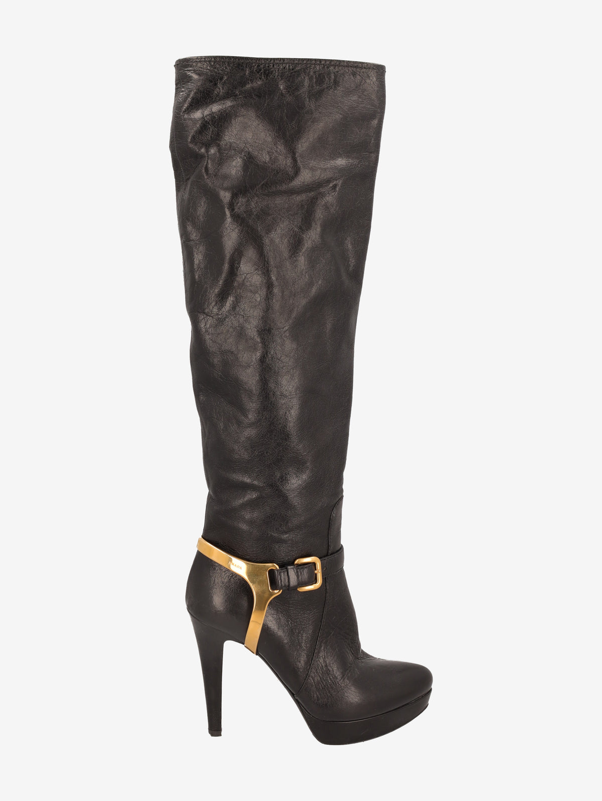 Prada 2000s Leather Knee-High Boots with Gold Detail W6826.9  Prada 